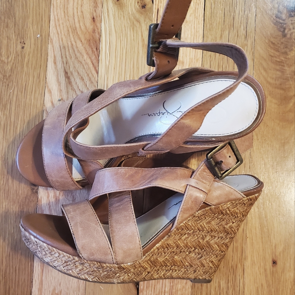Brown leather wedges with woven heel